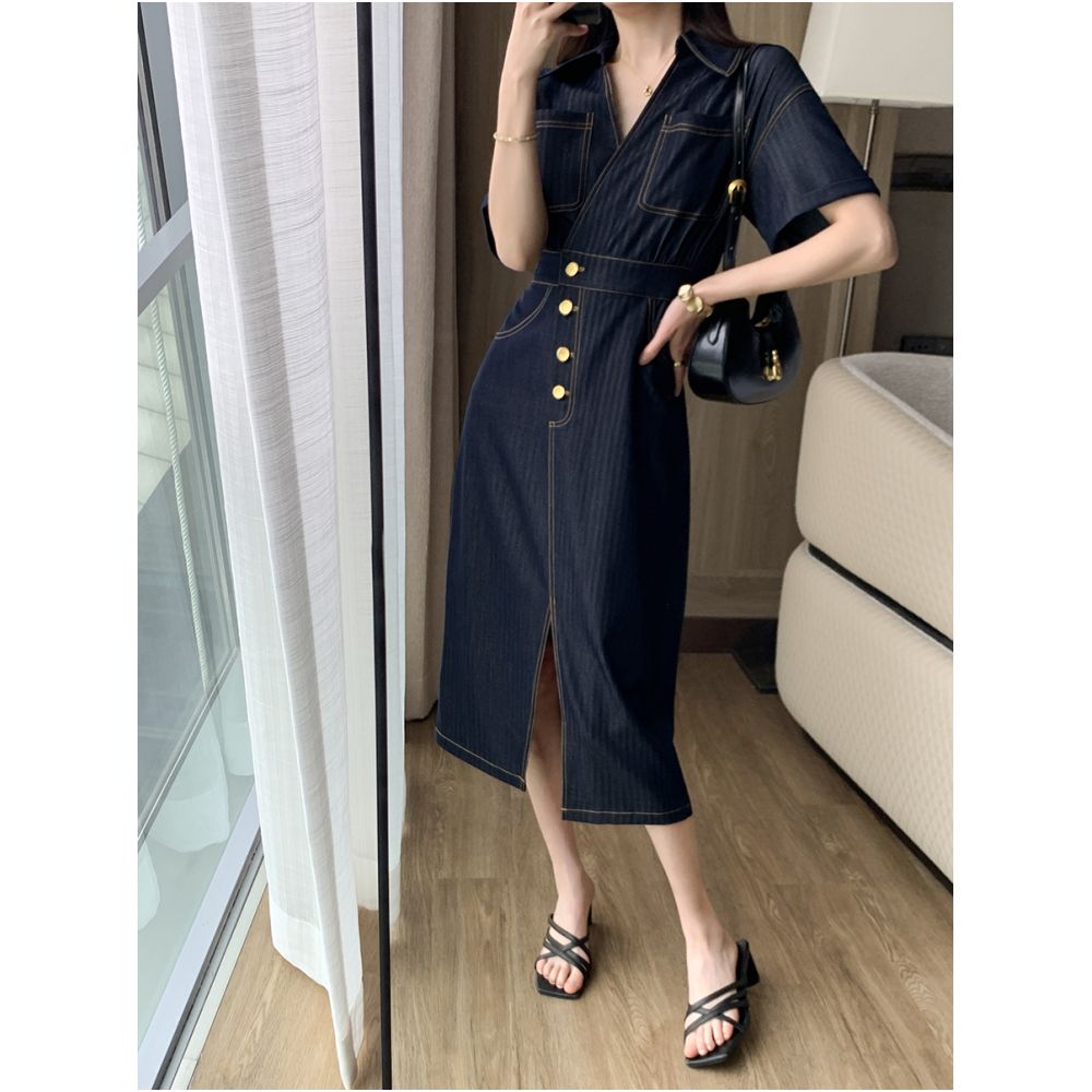 FT GUOGE denim dress for women in the summer of 2025 with a sense of luxury retro style waist cinching slimming temperament commuting long skirt image 2