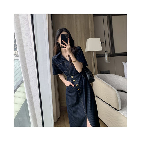 ASAYA2473 New summer high-end retro waist slimming long denim dress