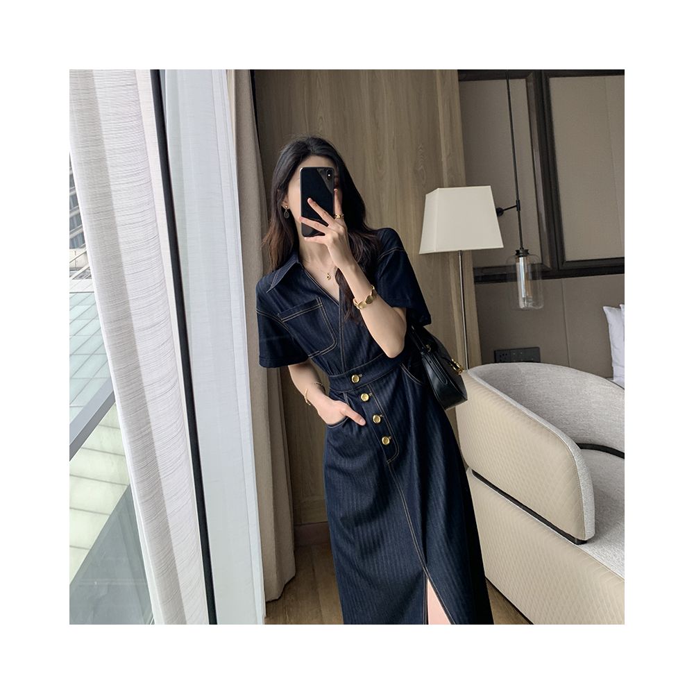 FT GUOGE denim dress for women in the summer of 2025 with a sense of luxury retro style waist cinching slimming temperament commuting long skirt image 7