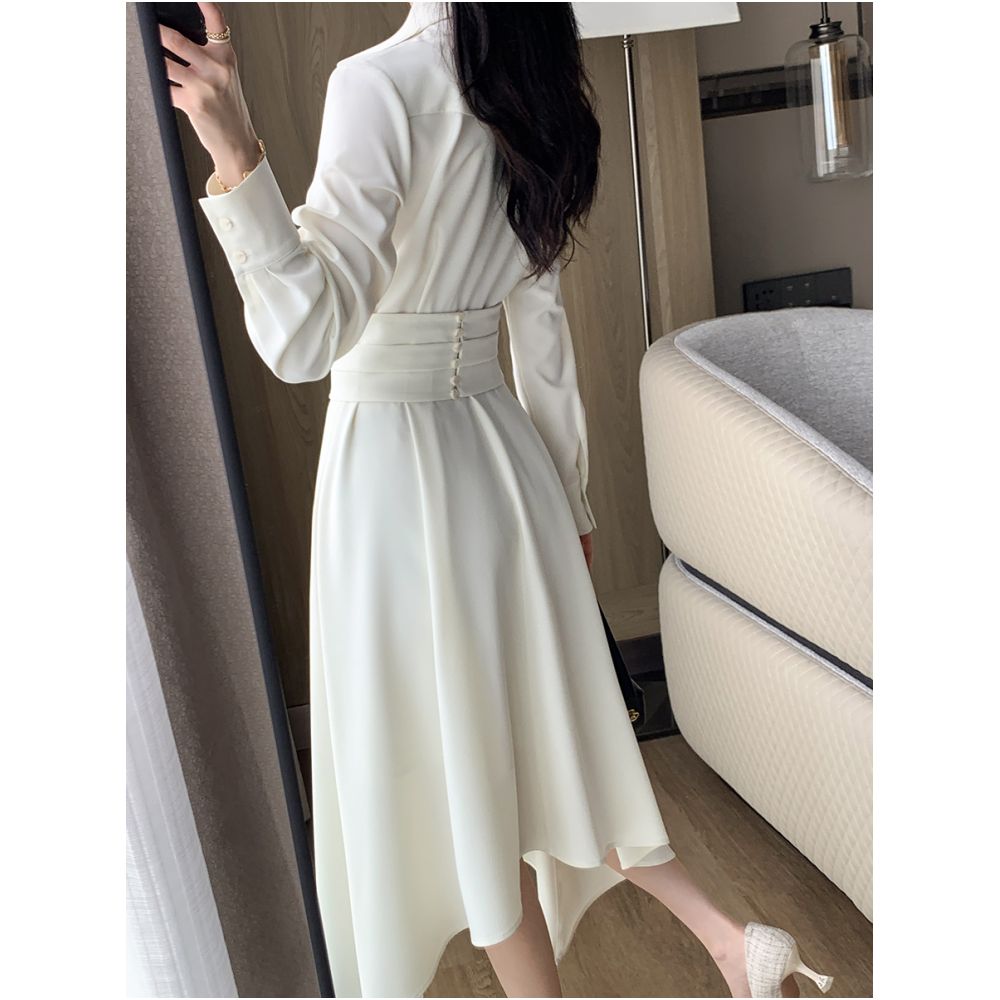 Guoge s off white shirt dress for women in the autumn of 2025 with a waist cinching and slimming style a long sleeved commuting dress image 4