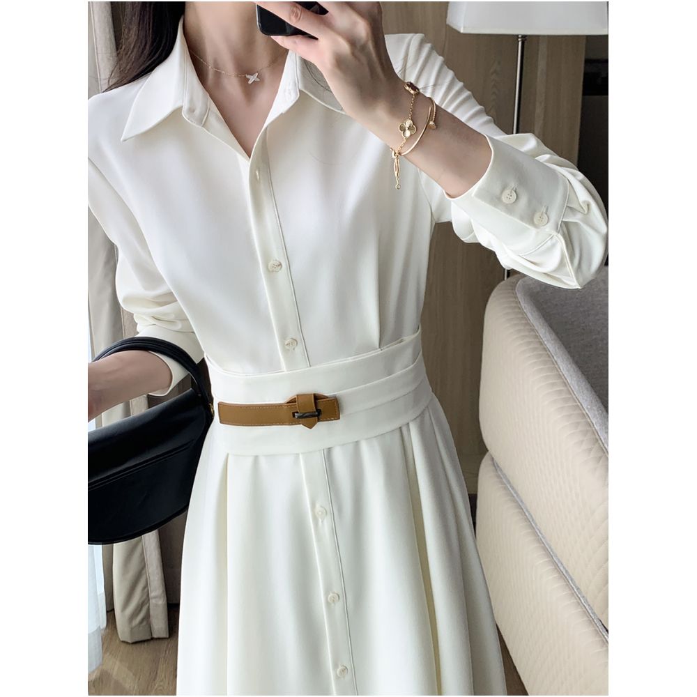 Guoge s off white shirt dress for women in the autumn of 2025 with a waist cinching and slimming style a long sleeved commuting dress image 5