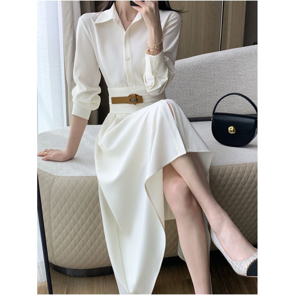Guoge s off white shirt dress for women in the autumn of 2025 with a waist cinching and slimming style a long sleeved commuting dress image 6