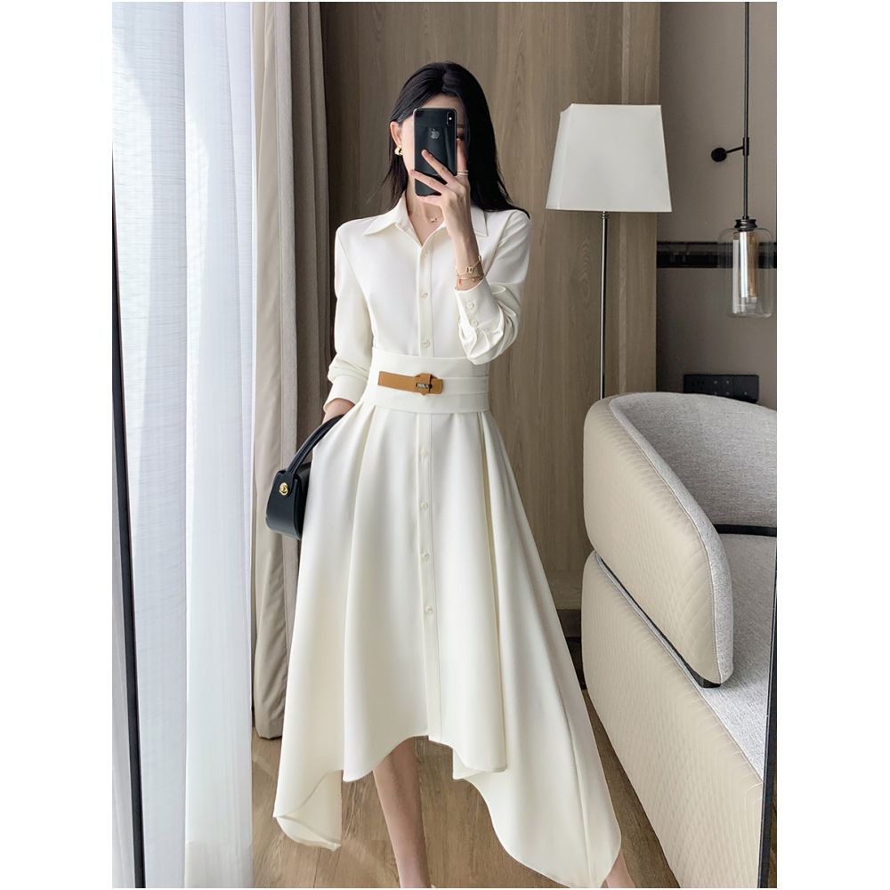 Guoge s off white shirt dress for women in the autumn of 2025 with a waist cinching and slimming style a long sleeved commuting dress image 7