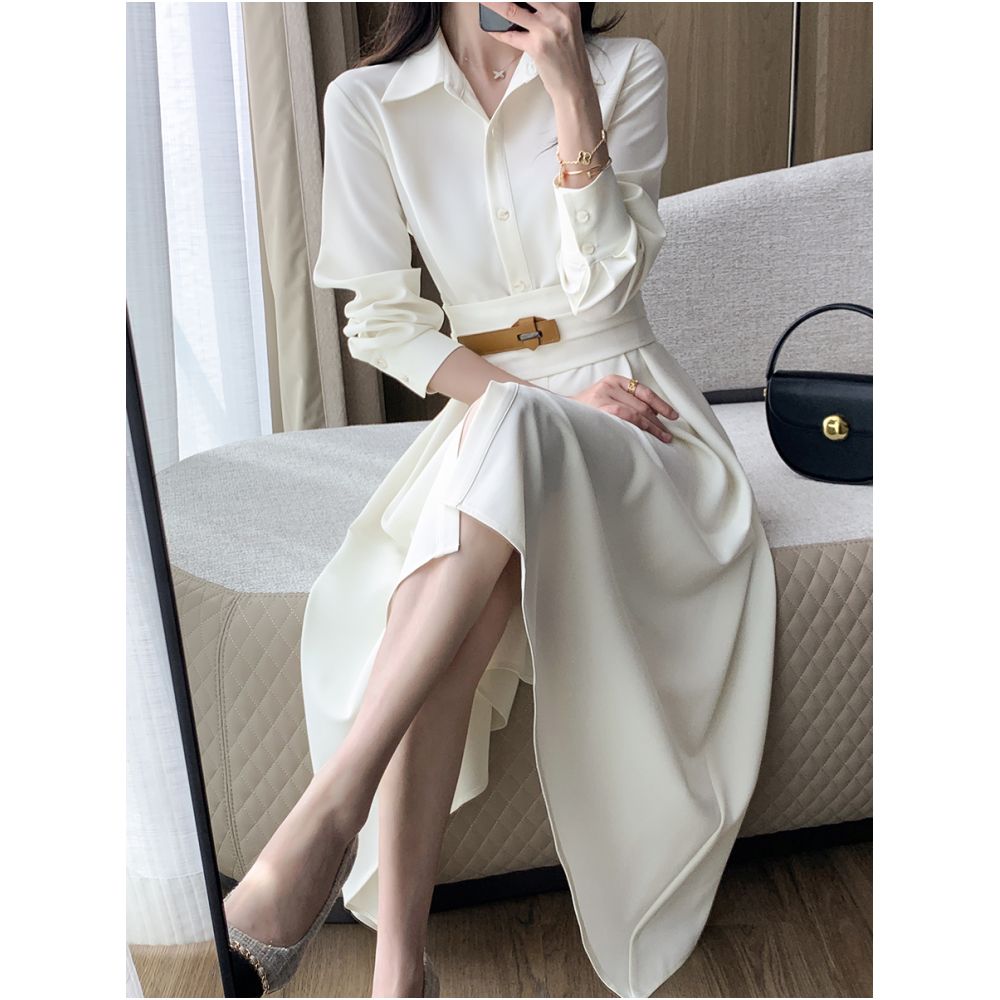 Guoge s off white shirt dress for women in the autumn of 2025 with a waist cinching and slimming style a long sleeved commuting dress image 0