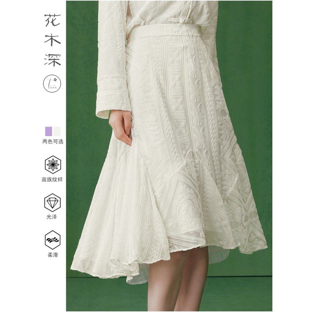 Blogger s same flower and tree deep irregular half skirt women s fishtail skirt velvet A line skirt new Chinese style half skirt image 4