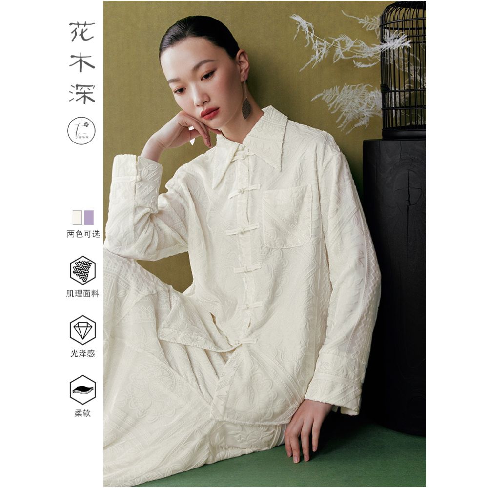 Blogger s same style flower and tree deep new Chinese style shirt jacket women s summer plate buckle velvet shirt long sleeved Tang style top image 1