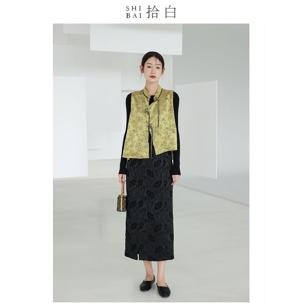 SHIBAI Innovation Chinese Spring and Autumn Silk Jacquard Exquisite National Style Stand up Collar Short Coat Top image 2