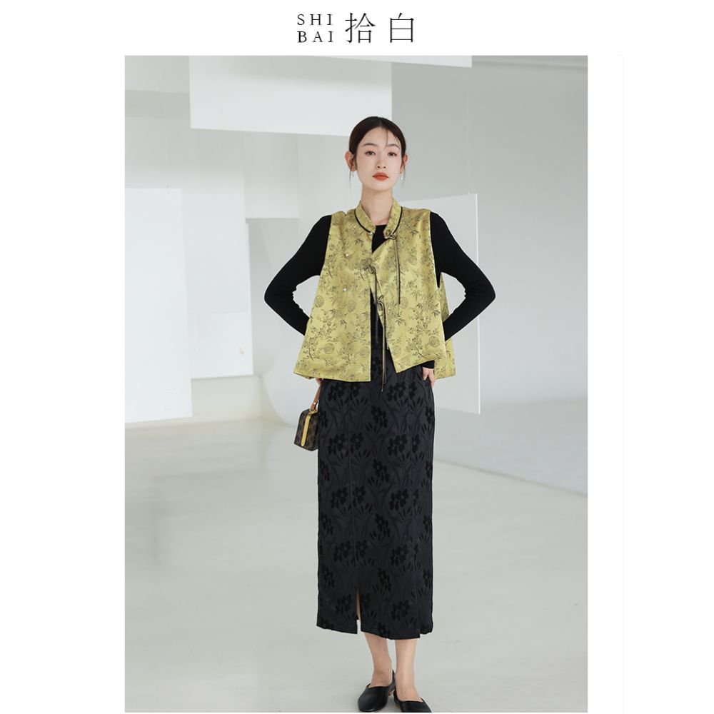 SHIBAI Innovation Chinese Spring and Autumn Silk Jacquard Exquisite National Style Stand up Collar Short Coat Top image 3