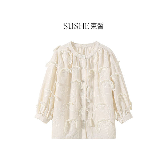 ASAYA2389 three-dimensional embroidery cotton French top niche high-end white fringed shirt