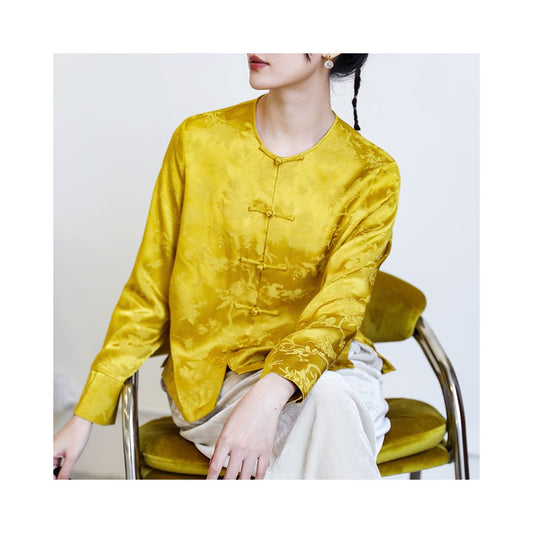 ASAYA2379 Taozhi Yaoyao Chinese Style Flower and Bird Pattern Round Neck Long Sleeve Short Button Shirt