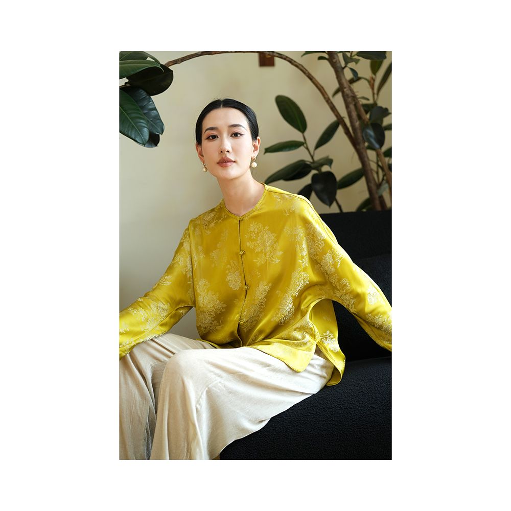 Taozhi Yaoyao 2023 Autumn Lemon Chinese style artistic large flower round neck long sleeved versatile loose cardigan for spring and autumn image 7