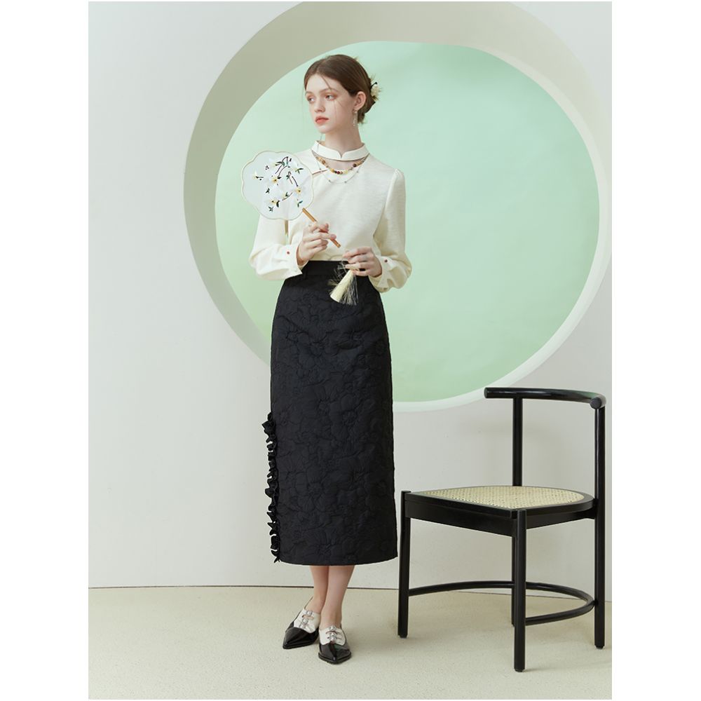 Fan Silan En New Chinese Light National Style Black Jacquard Half length Skirt for Women Spring and Autumn High Waist Split Straight Tube Skirt 1067 image 4