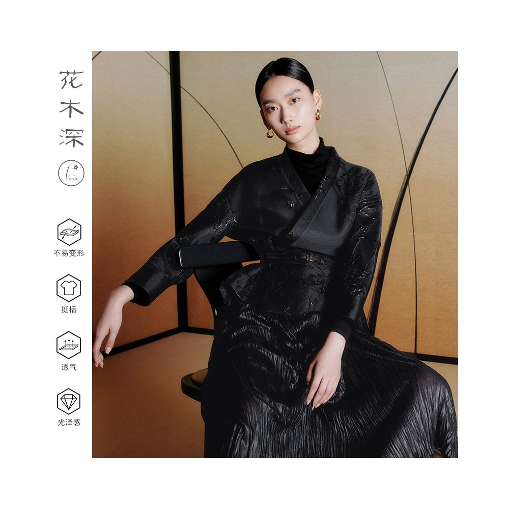 Sun Li s same style flower and tree deep Chinese style jacquard jacket for women women s short style diagonal collar new Chinese style women s clothing waist cinching top image 0