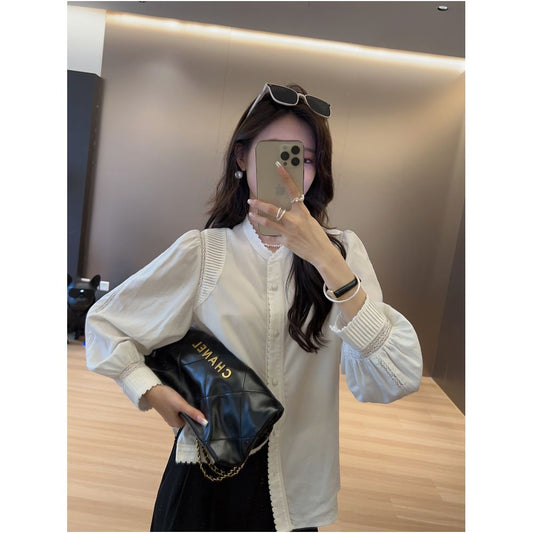 ASAYA2348 Stitched pleated lace white shirt long-sleeved shirt