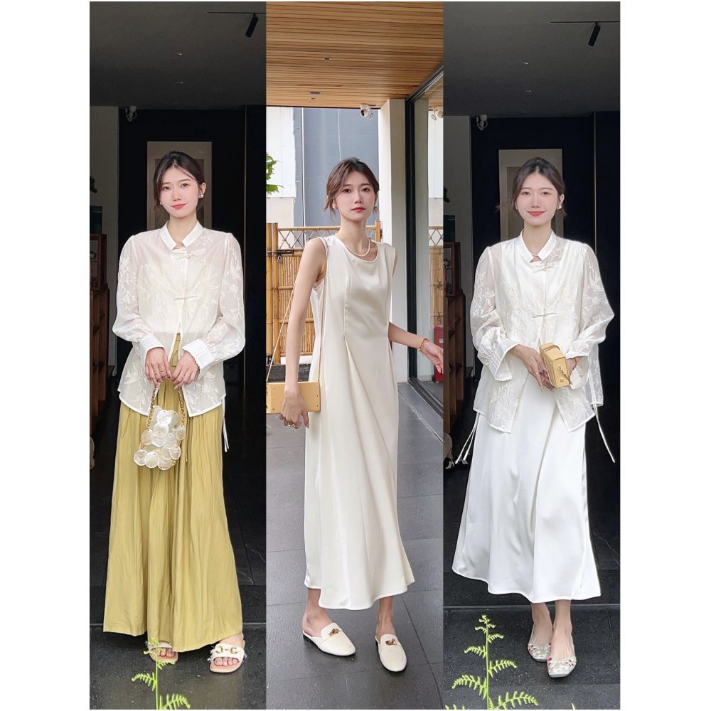 Qiqijia Rice Apricot Embroidered Double Plate Buckle Chinese Style Lining Dress 2024 Summer New Collection Stand Collar Two Piece Dress for Women image 2