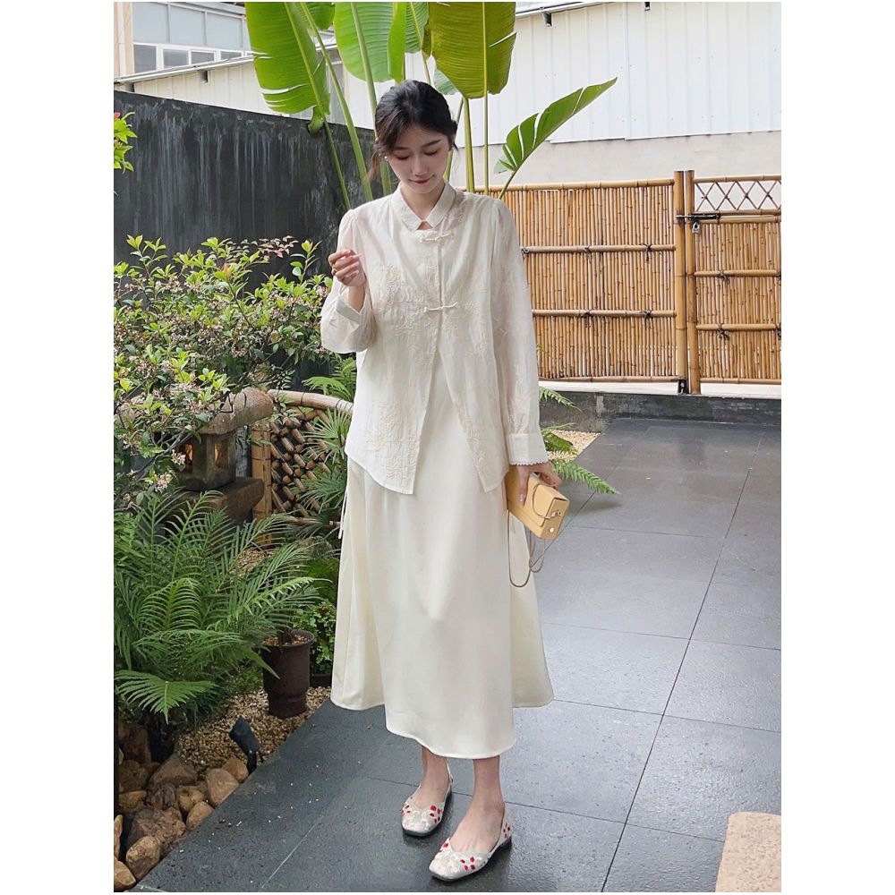Qiqijia Rice Apricot Embroidered Double Plate Buckle Chinese Style Lining Dress 2024 Summer New Collection Stand Collar Two Piece Dress for Women image 5