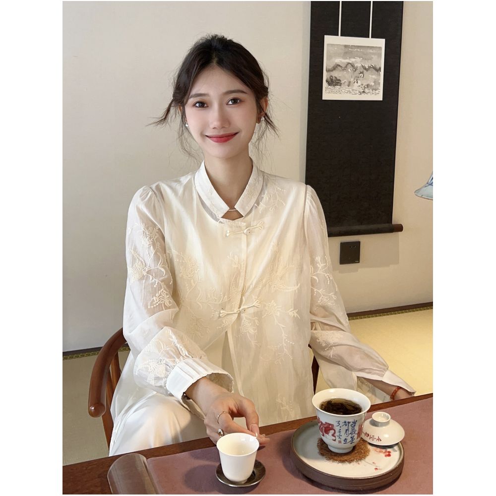 Qiqijia Rice Apricot Embroidered Double Plate Buckle Chinese Style Lining Dress 2024 Summer New Collection Stand Collar Two Piece Dress for Women image 0