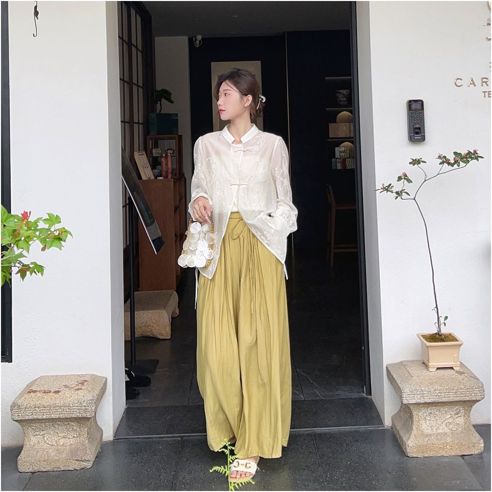 Qiqi Family Green High Waist Folded Elastic Waist Wide Leg Pants 2024 Summer New Loose Leg Tight Pants for Children image 28