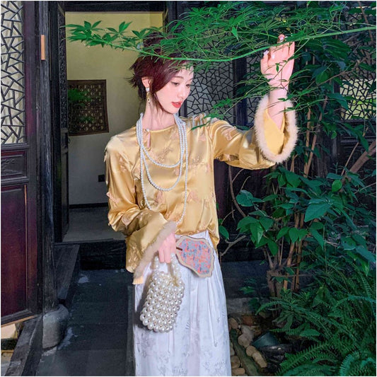 ASAYA2342 Mirror Flower Butterfly] Temperament 100 silk mink fur cuffs splicing slimming shirt