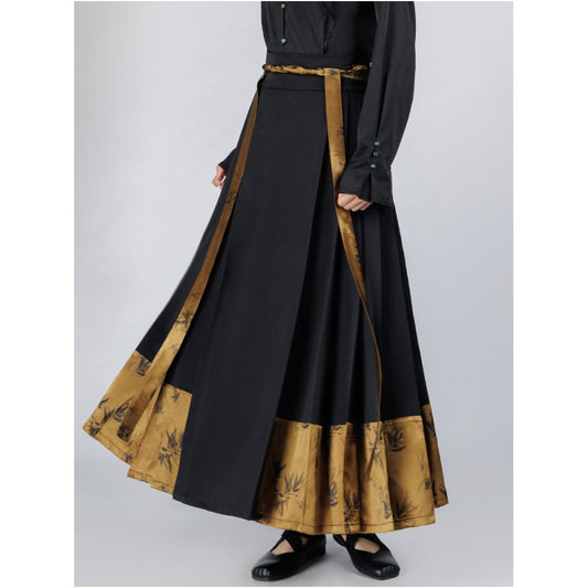 ASAYA2306 Chinese style black gold bamboo pattern splicing skirt