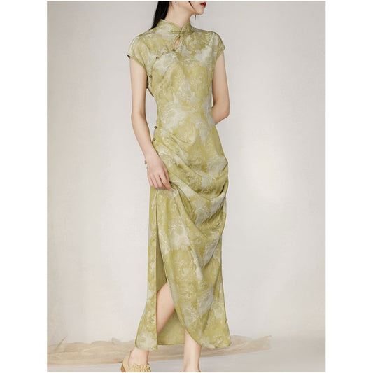 ASAYA2297 New Chinese style short-sleeved buckle retro slit dress