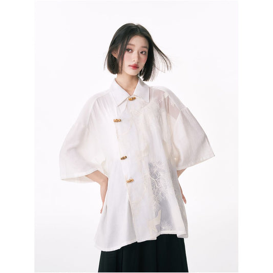 ASAYA2283 Chinese crane embroidery stitching bamboo button shirt