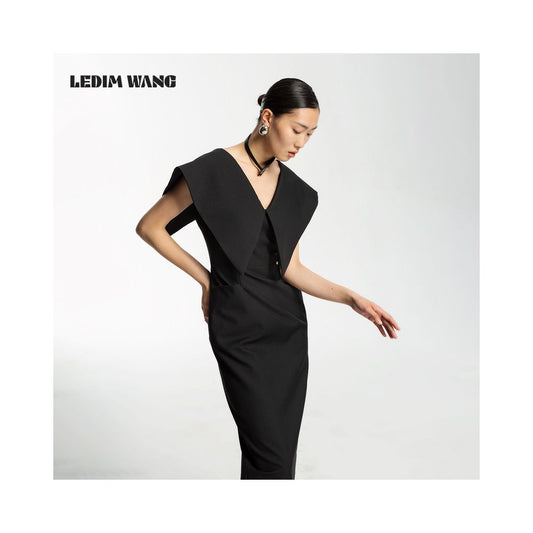 ASAYA2281 Huang Xiaolei's V-neck slim black long dress