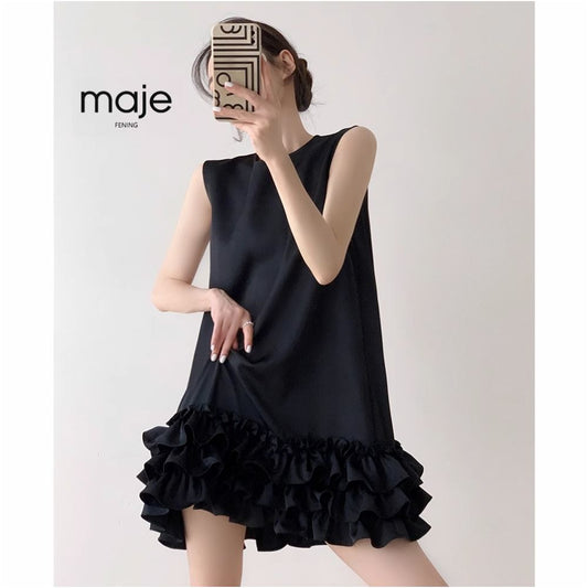 ASAYA2280 Fening short black sleeveless dress with cake skirt