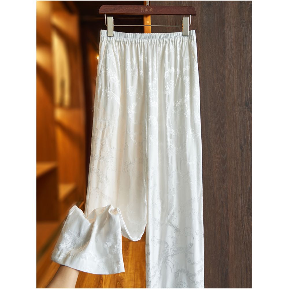 White loose silk casual pants for summer 2025 retro jacquard high waist hanging sensation mulberry silk wide leg pants for women image 1