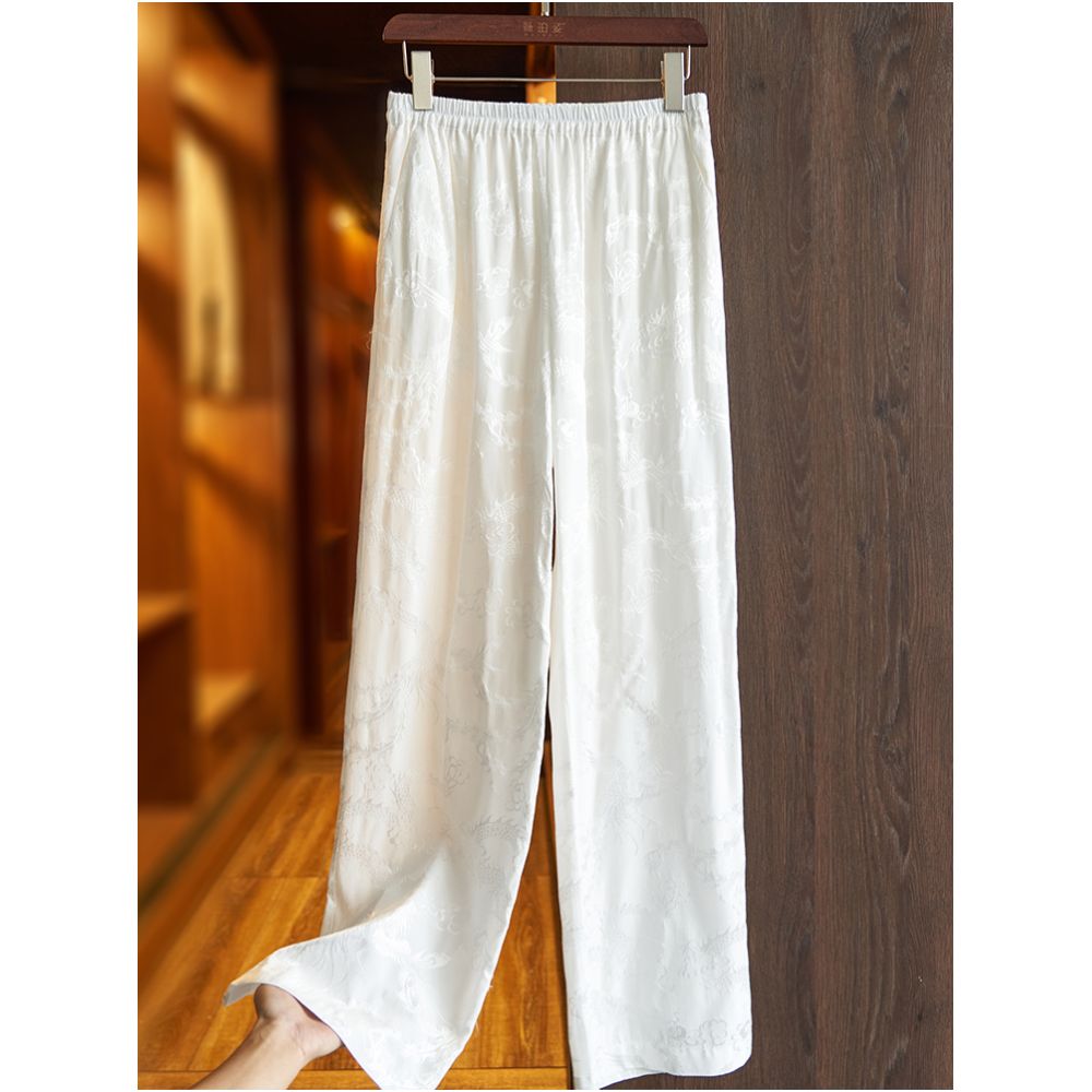White loose silk casual pants for summer 2025 retro jacquard high waist hanging sensation mulberry silk wide leg pants for women image 2