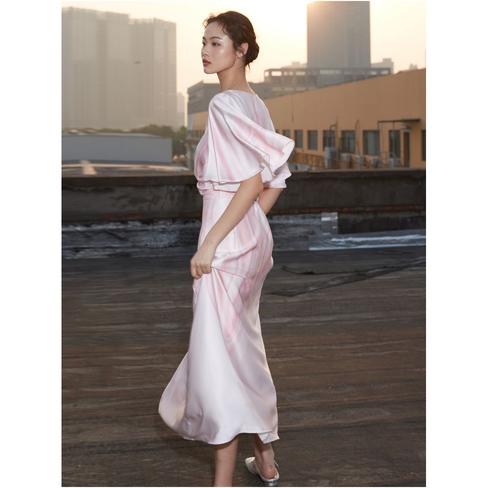 Marble pattern knot design three dimensional feeling lotus leaf sleeves elegant and lightweight loose fitting top women s summer umbrella skirt half skirt image 4