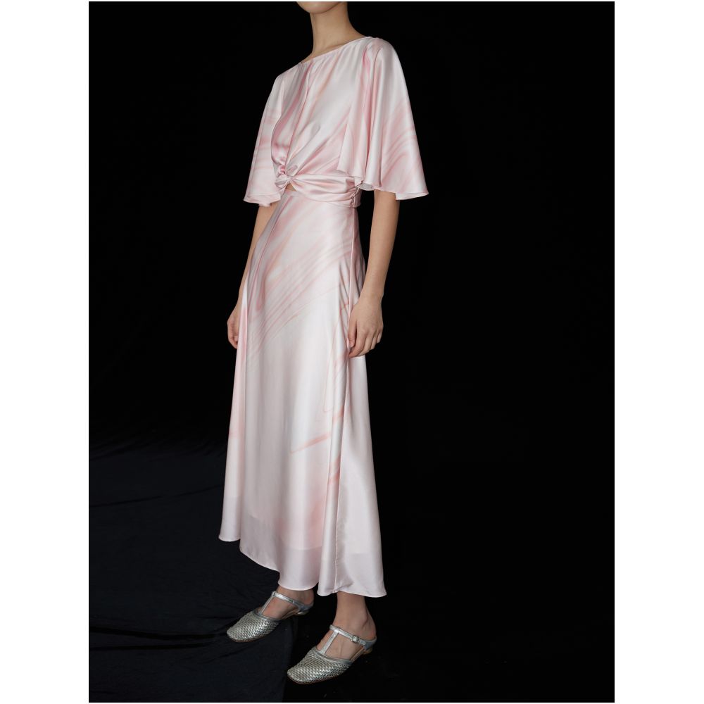 Marble pattern knot design three dimensional feeling lotus leaf sleeves elegant and lightweight loose fitting top women s summer umbrella skirt half skirt image 5
