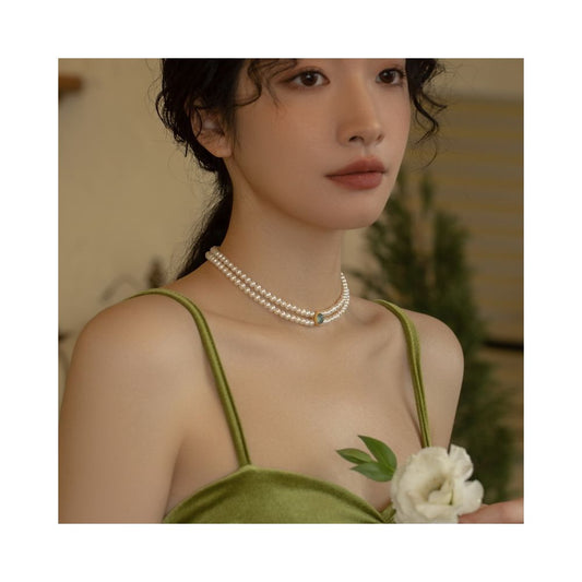 Asaya2169 : AOILDLLI pearl necklace sweater chain double-layer necklace retro niche design choker chain