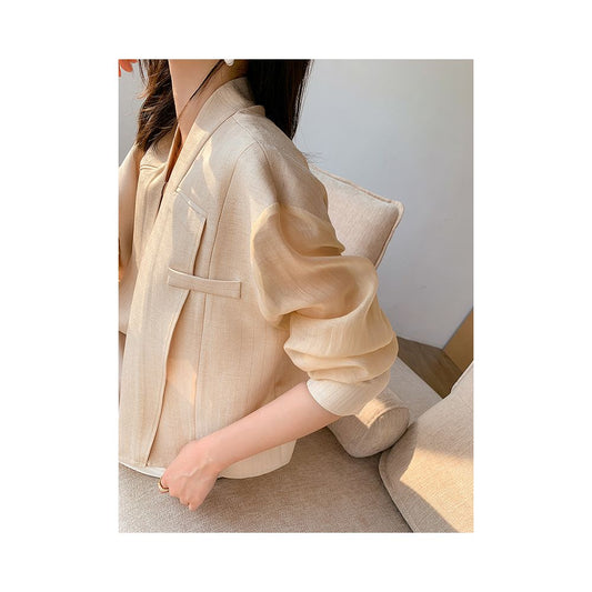 Asaya2168 : Light luxury design temperament women's top 2023 summer new splicing mesh small fragrant wind sunscreen short coat thin cardigan