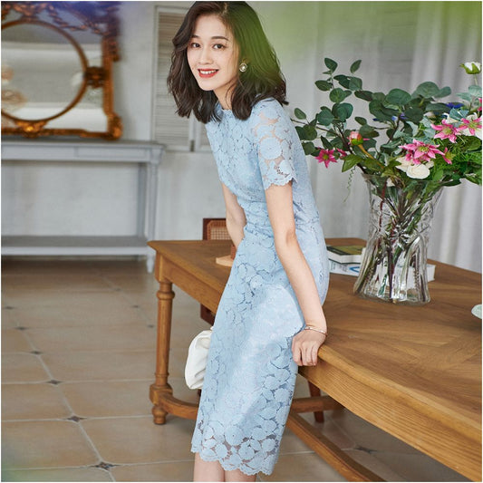 Asaya2164 : Spring and summer high-end lace blue dress 474 short-sleeved high waist style a-line skirt