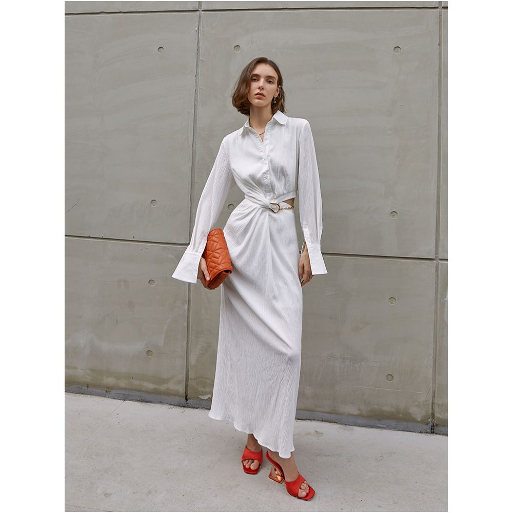 AEL original custom asymmetrical hollow waist dress autumn new style French white temperament shirt skirt for women image 2