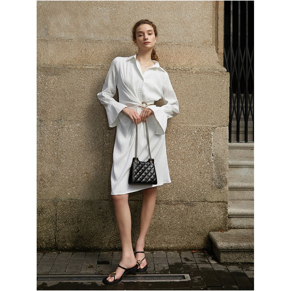 AEL original custom asymmetrical hollow waist dress autumn new style French white temperament shirt skirt for women image 5
