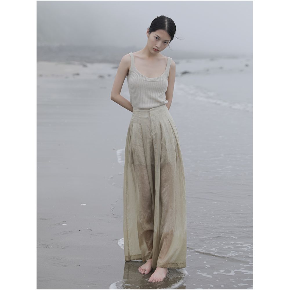 Glossy high waisted hanging thin Lyocell linen wide leg pants for women with Zen style loose and slimming pants design sense image 2