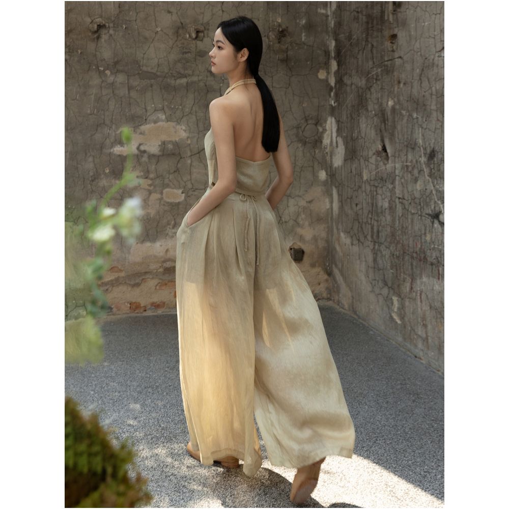 Glossy high waisted hanging thin Lyocell linen wide leg pants for women with Zen style loose and slimming pants design sense image 4