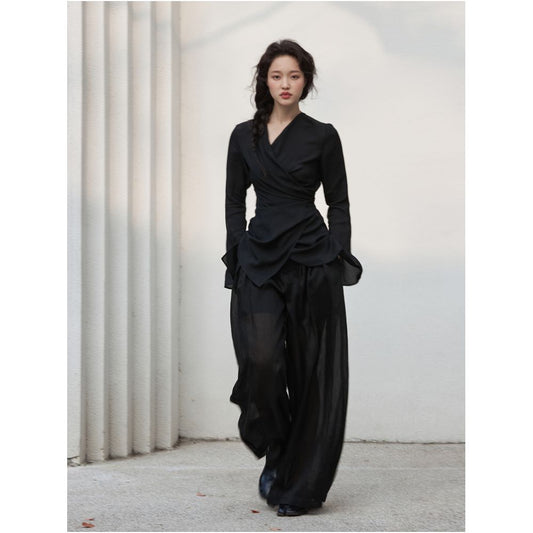 Asaya2157 : Glossy high waist drape thin linen wide-leg pants