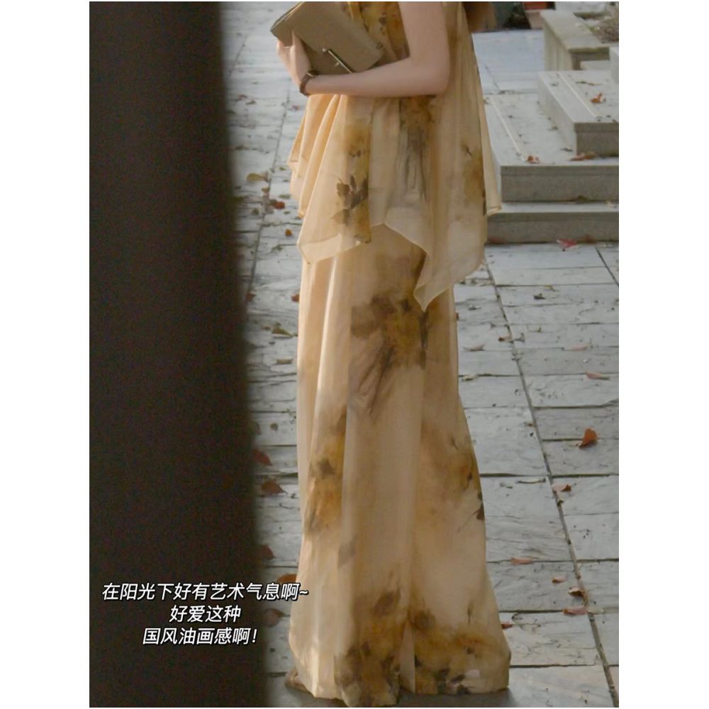 30 off Clear Warehouse Summer Poetry and Prose Ink Pen Flowery Lyocell Loose Printed Strap High Waist Wide Leg Pants Women s Summer image 3