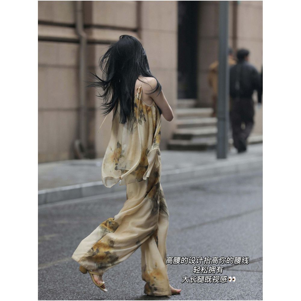 30 off Clear Warehouse Summer Poetry and Prose Ink Pen Flowery Lyocell Loose Printed Strap High Waist Wide Leg Pants Women s Summer image 4