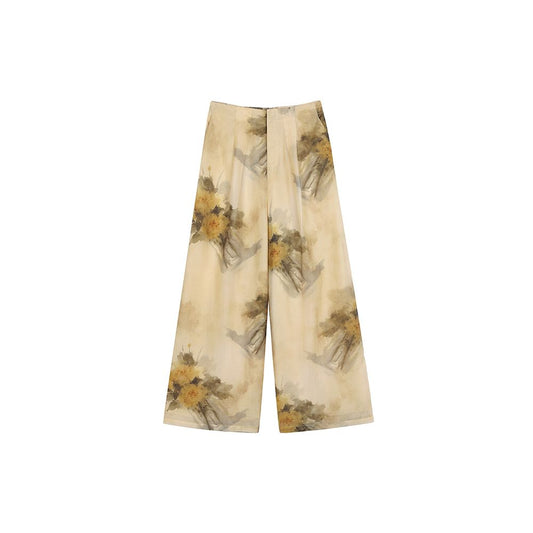 Asaya2153 : Xia Shiwen Ink Pen Raw Flower Lyocell Retro Loose Printed Suspenders / High Waist Wide Leg Pants Suit Female Summer