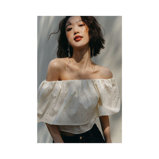 Asaya2141 : Rosebanks Glittering Diamond Sugar Heavy Works Diamond Beaded Off Neck Ruffle Cropped High Waist Shirt