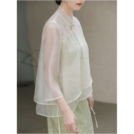 Asaya2140 : Mountain nonferrous spring and summer jacket original design retro women's Zen tea service suspender skirt suit