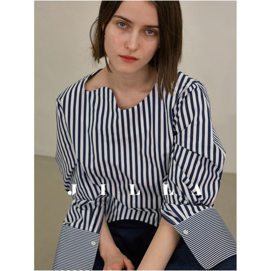 Asaya2133 : Stripped long-sleeved irregular wave neckline striped shirt