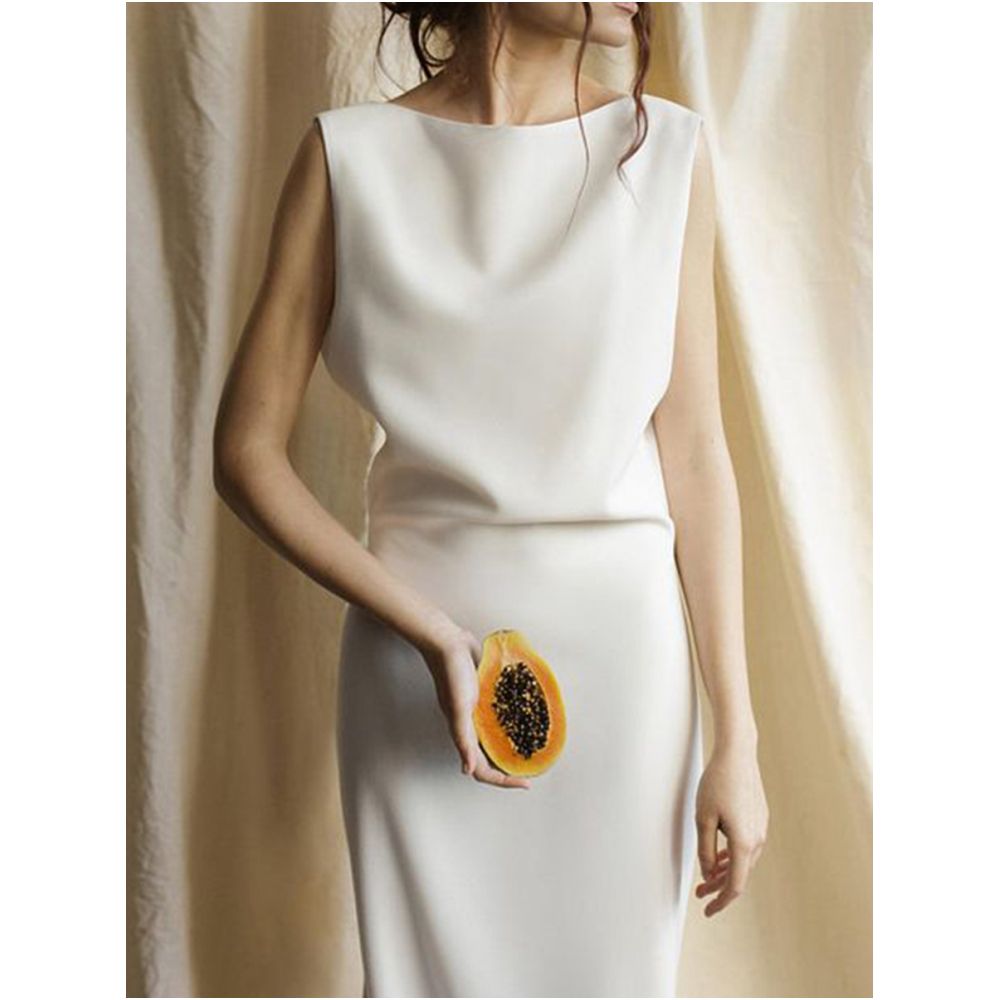 JILLA spring and summer all match white acetate dress slim matte commuting sleeveless cover side breast hip skirt image 3
