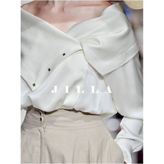 Asaya2131 : French white satin glossy niche lapel V-neck soft shirt