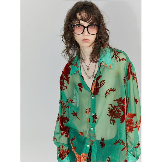 Asaya2098 : Vintage Phoenix Flocked Silk Georgette Green Sheer Loose Shirt (Unisex)