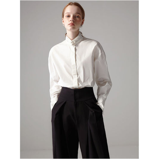 Asaya2097 : Chinese-style Stand-up collar imported horse cotton white shirt loose long-sleeve